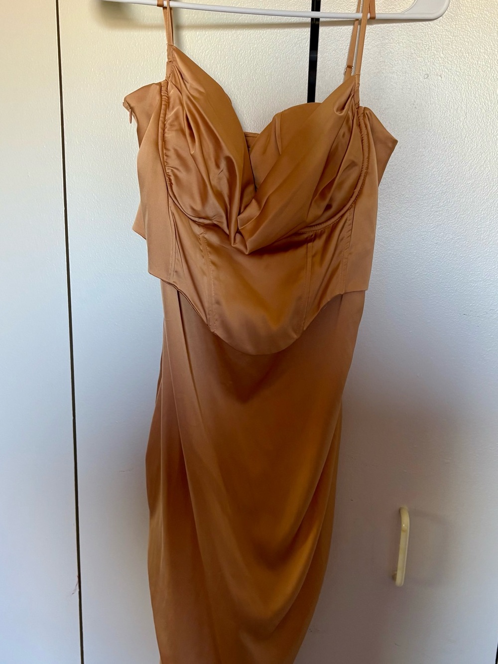 Oh Polly Satin Cowl Neck Slip Corset Dress in Warm Tan